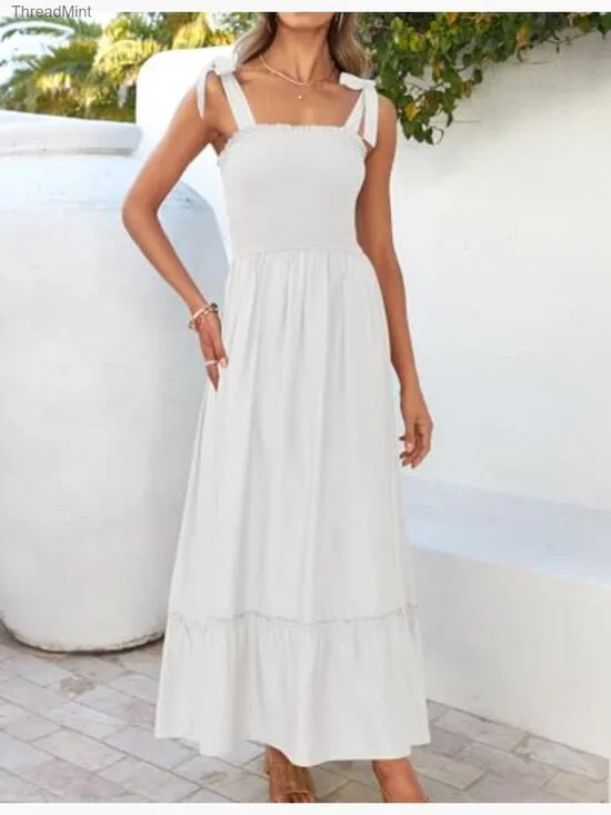 Boho Spaghetti Strap Square Neck Ruffle Maxi Dress Summer Beach - Picture 4 of 7